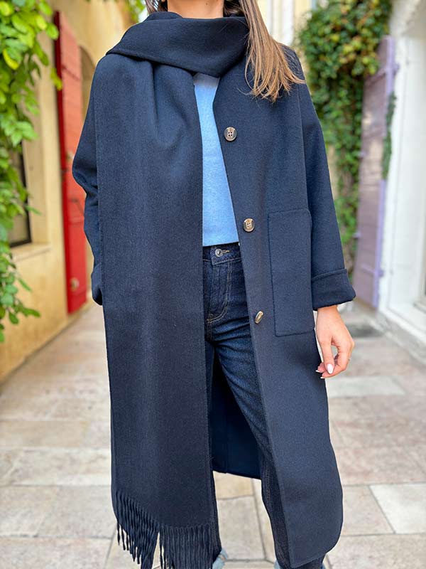 MANTEAU LONG EN LAINE AVEC ECHARPE AMOVIBLE