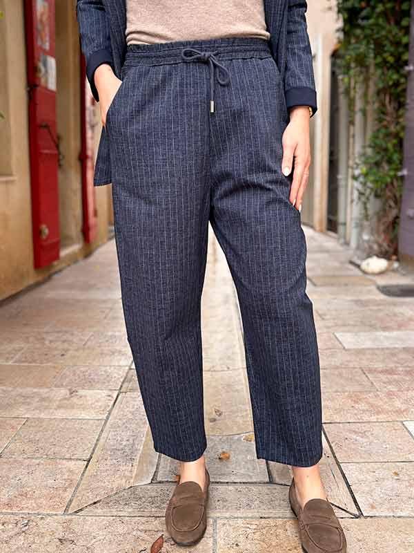 PANTALON BALOON BLEU A RAYURES TAILLE MOYENNE